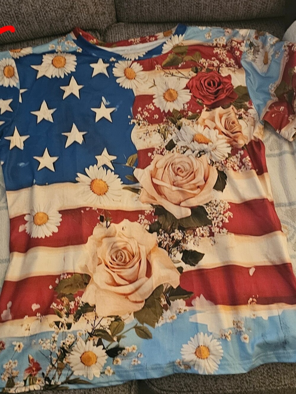 Floral American Flag Graphic Tee - Red, White, Blue